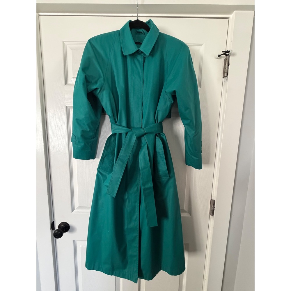 London Fog Vintage Teal Green Trench Coat Belted Removable Liner 12 Pet USA Made